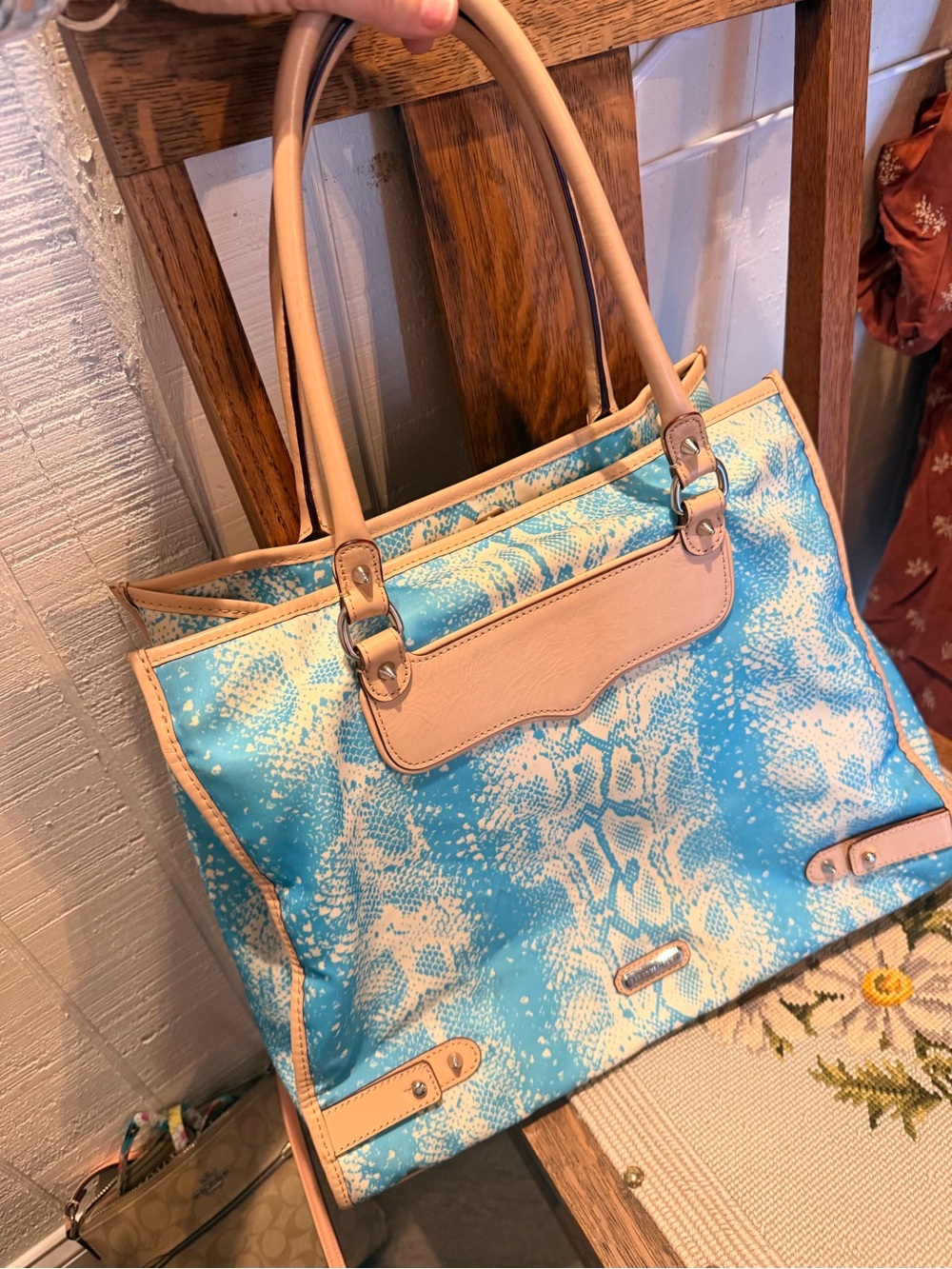 Rebecca Minkoff Blue Snake-Print Tote with Tan Trim